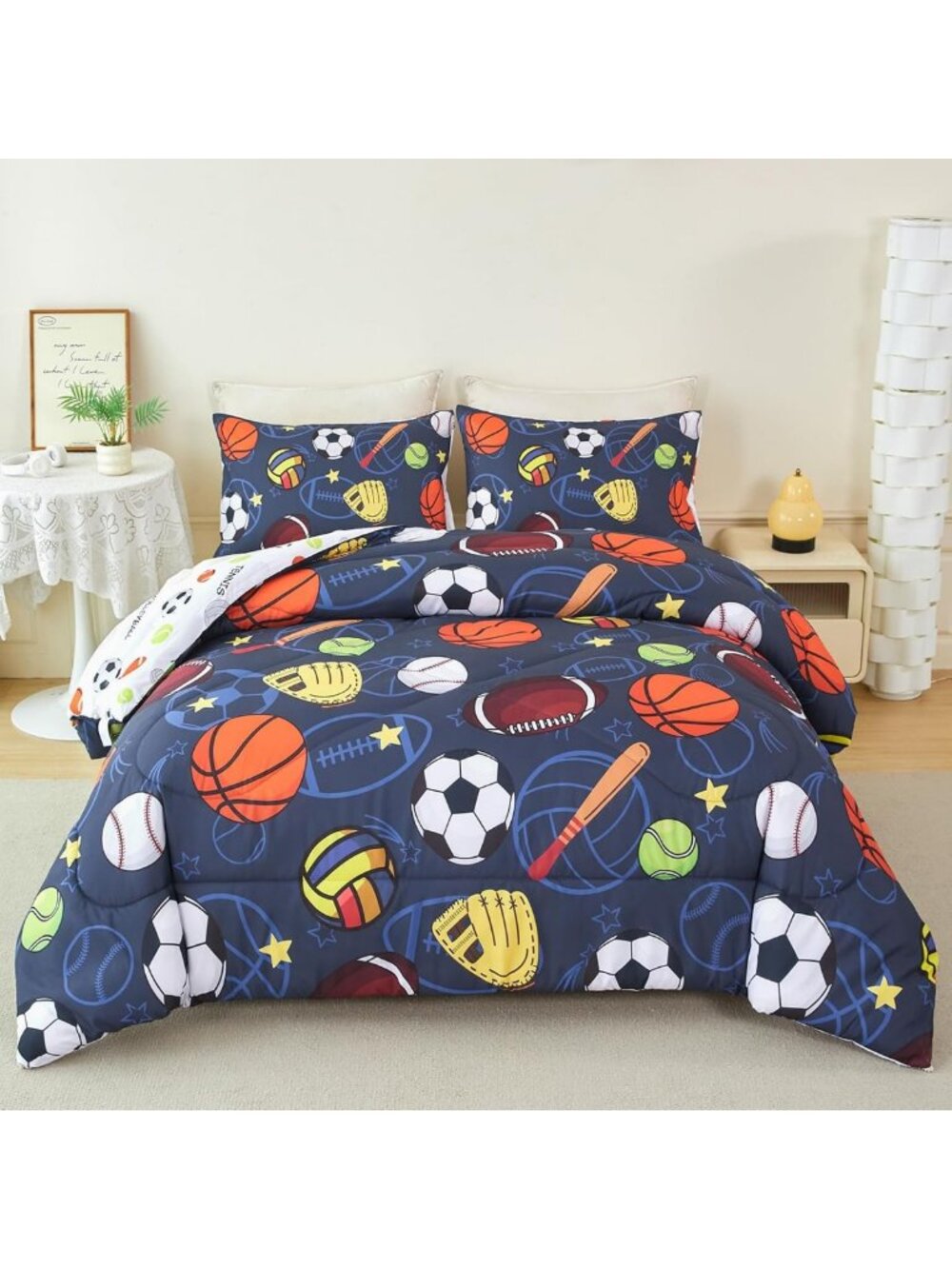 Sport-Themed Boys Bedding Set, 3-Piece Comforter & Quilt for Kids & Teens, Soft